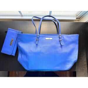 Nine West Blue Tote Bag Large Shoulder Handbag w/ MATCHING WALLET Faux Leather